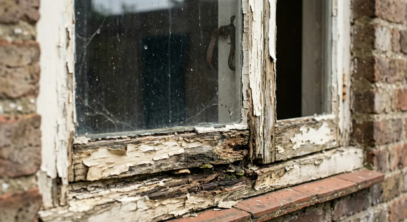 Old, rotting single-glaze window frame before double glazing upgrade