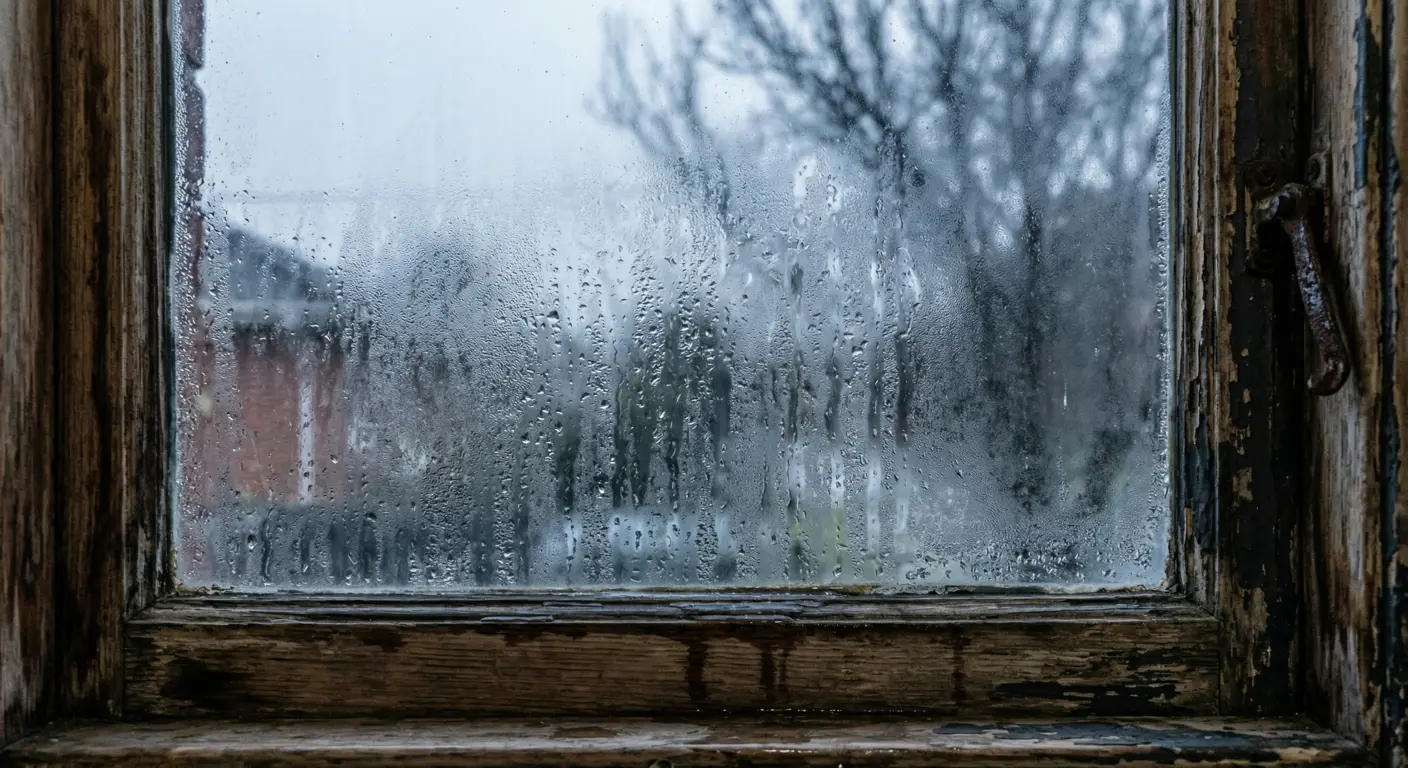 Single-pane window covered in condensation before double glazing retrofit