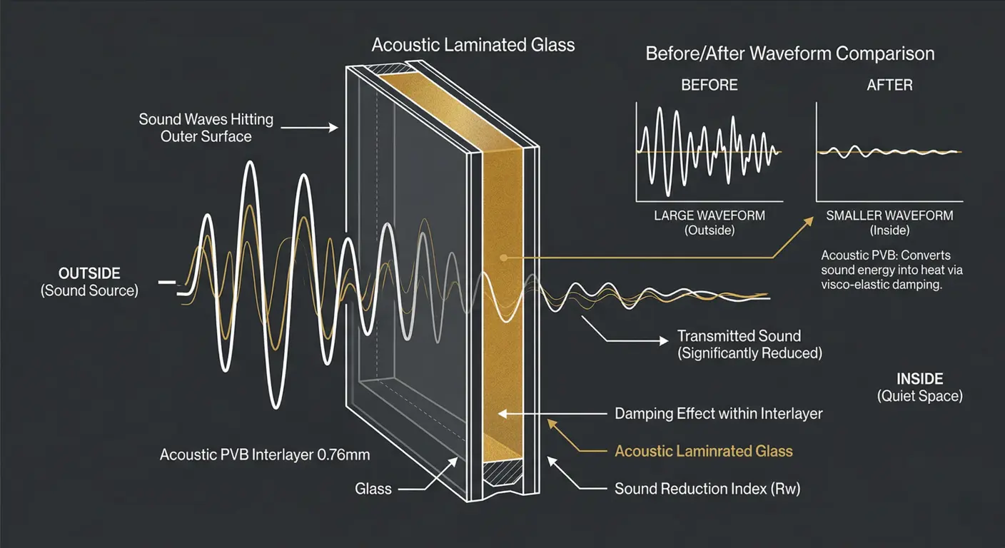Acoustic laminated glass PVB interlayer cross-section showing sound dampening