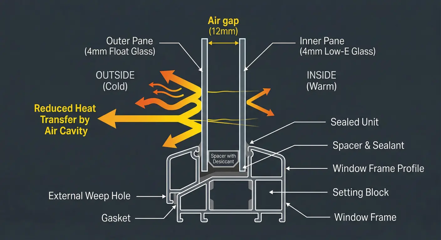 Standard clear double glazing cross-section showing air gap between two glass panes