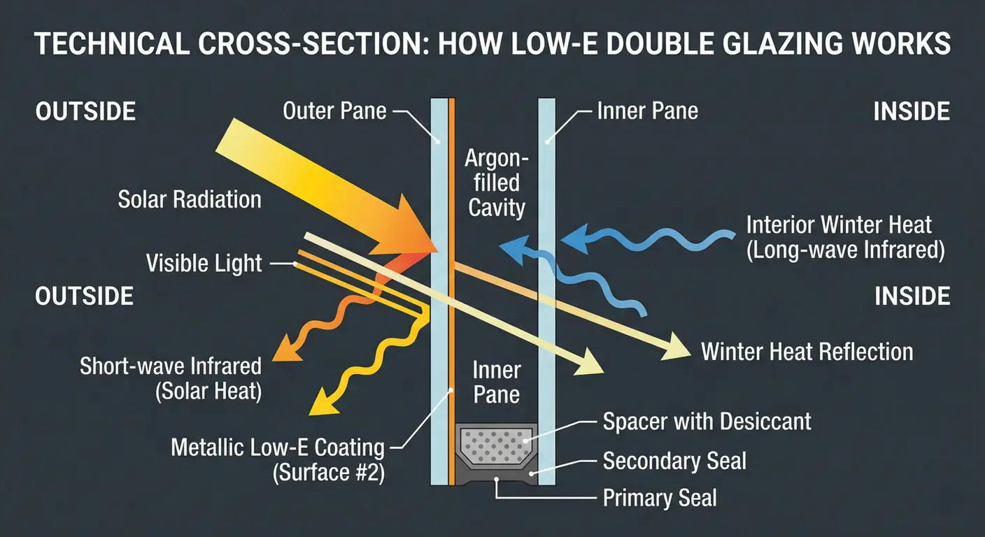 Tinted Low-E glass diagram showing infrared reflection coating on double glazing
