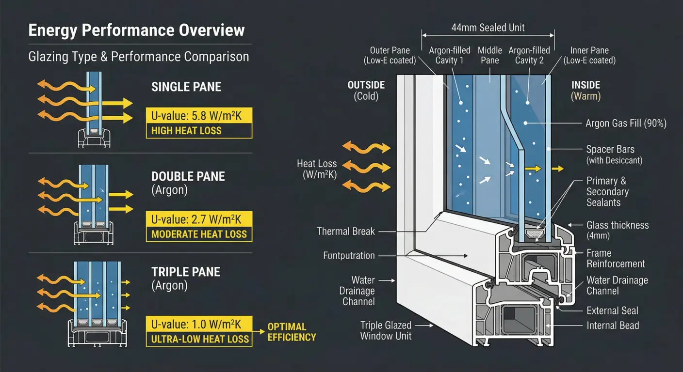 Triple glazed window cross-section with three panes and two argon gas cavities