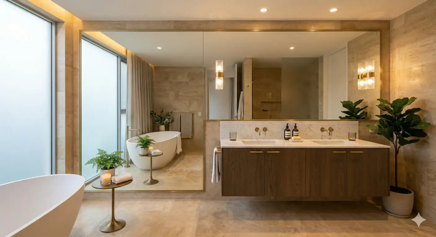 Custom bevelled mirror installed above a Melbourne bathroom vanity