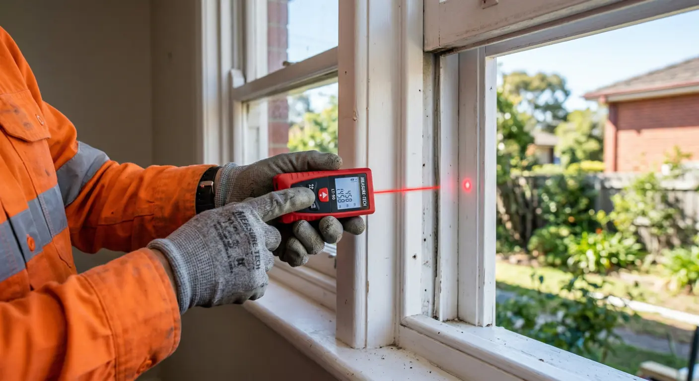 Hands using a laser tape measure on an existing window frame