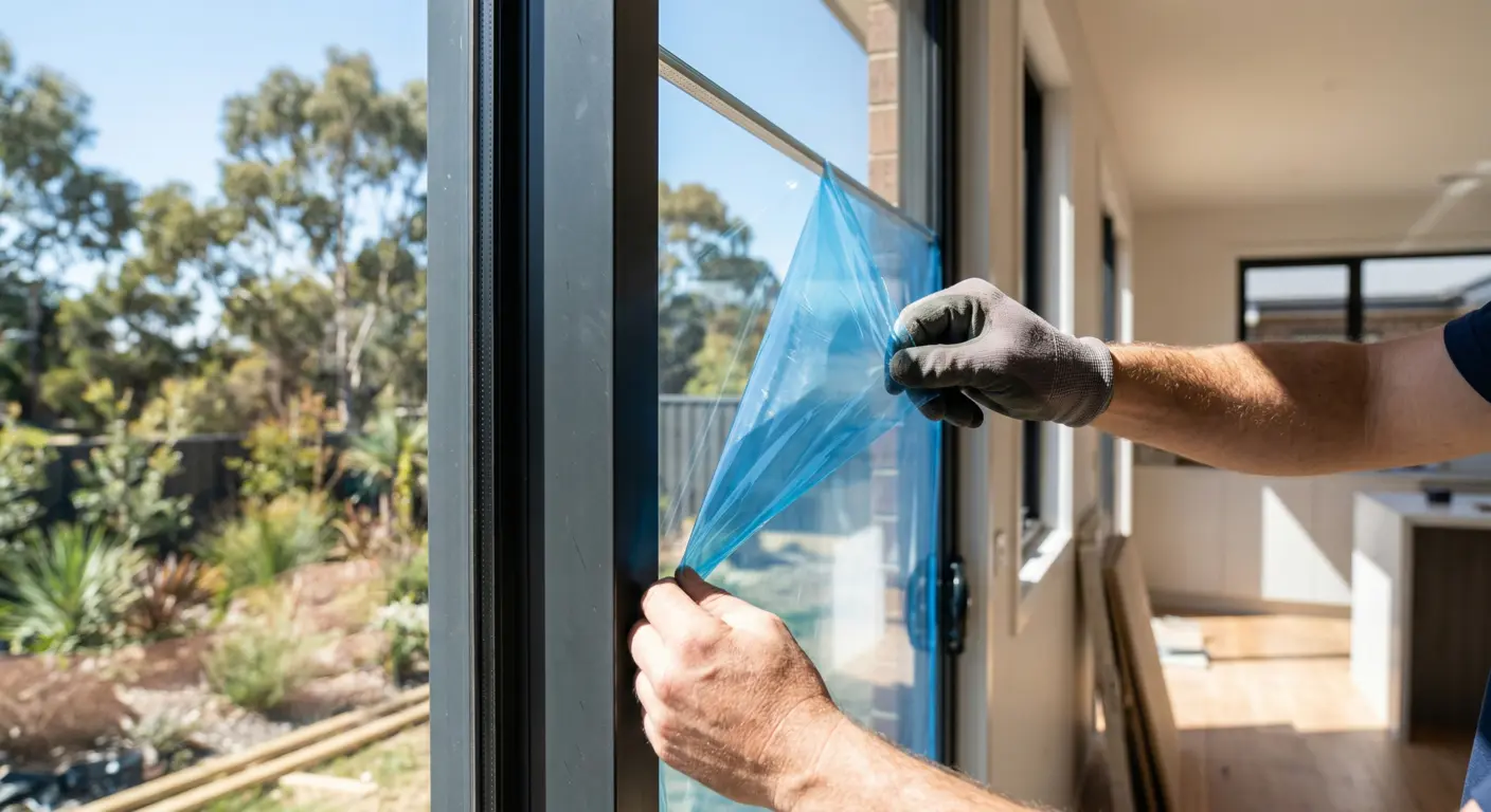 Glazier peeling protective film from a finished double-glazed window